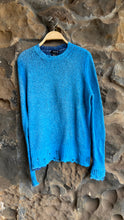 Load image into Gallery viewer, Round Neck Bi Color Pullover Sweater with Distressed Edges in Denim/Aqua
