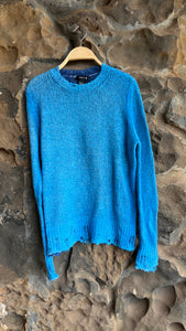 Round Neck Bi Color Pullover Sweater with Distressed Edges in Denim/Aqua