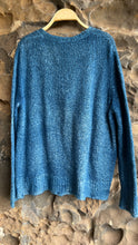 Load image into Gallery viewer, Bi Color V Neck  Pullover Sweater in Deep Blue with Distressed Edges
