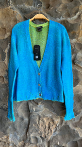 Hand Painted Cropped Cotton Cardigan in Teal and Lime