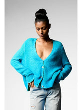 Load image into Gallery viewer, Hand Painted Cropped Cotton Cardigan in Teal and Lime
