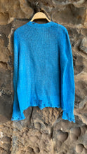 Load image into Gallery viewer, Round Neck Bi Color Pullover Sweater with Distressed Edges in Denim/Aqua

