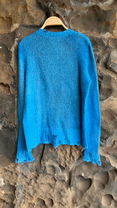 Round Neck Bi Color Pullover Sweater with Distressed Edges in Denim/Aqua