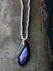 #378 Knotted Pink Czech Stones with Large Agate Pendant