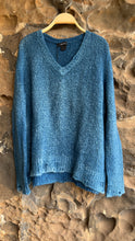 Load image into Gallery viewer, Bi Color V Neck  Pullover Sweater in Deep Blue with Distressed Edges
