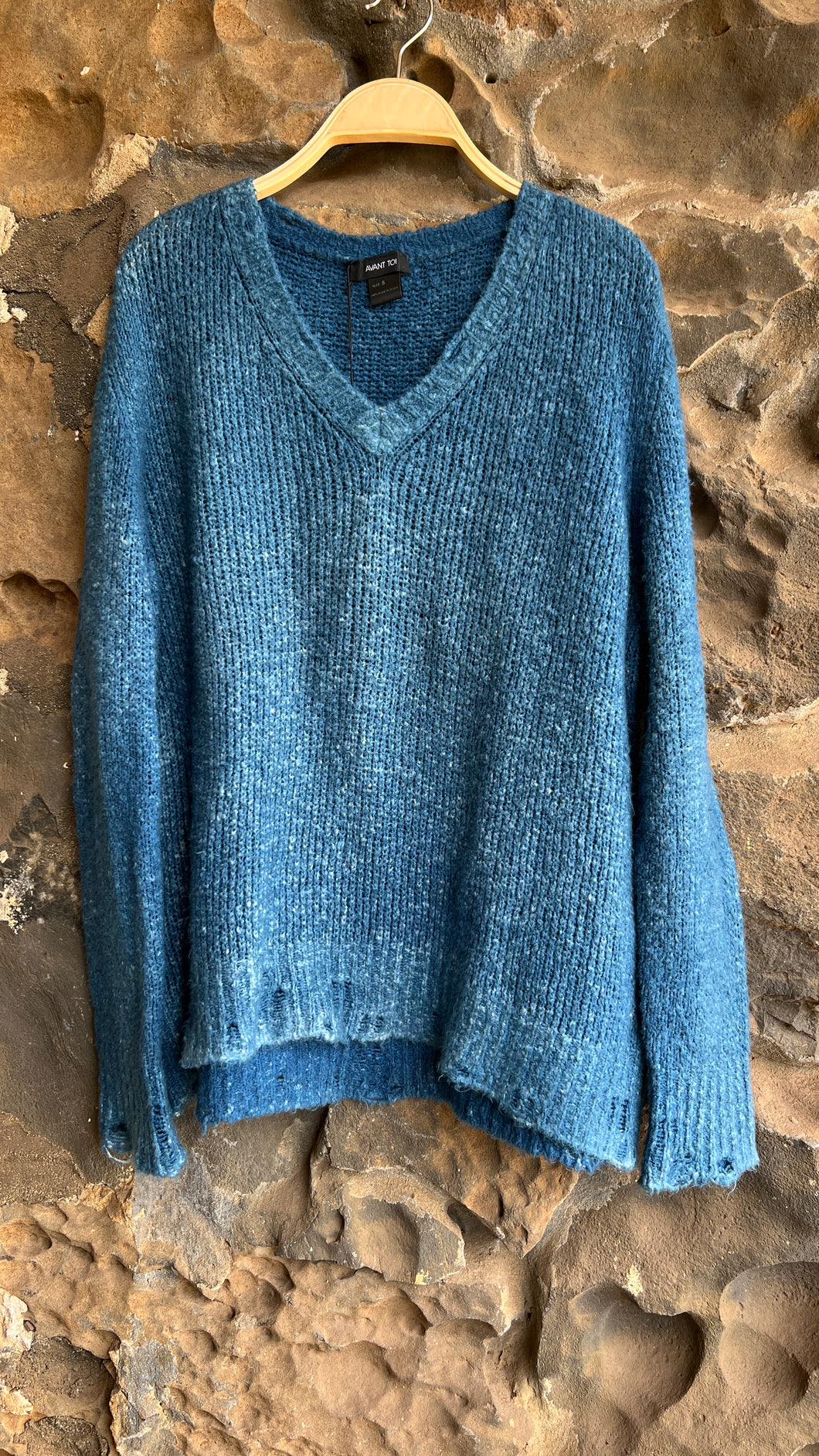 Bi Color V Neck  Pullover Sweater in Deep Blue with Distressed Edges