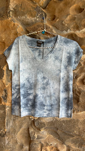 Hand Painted Linen V Neck Tee with Shade Effect in Water