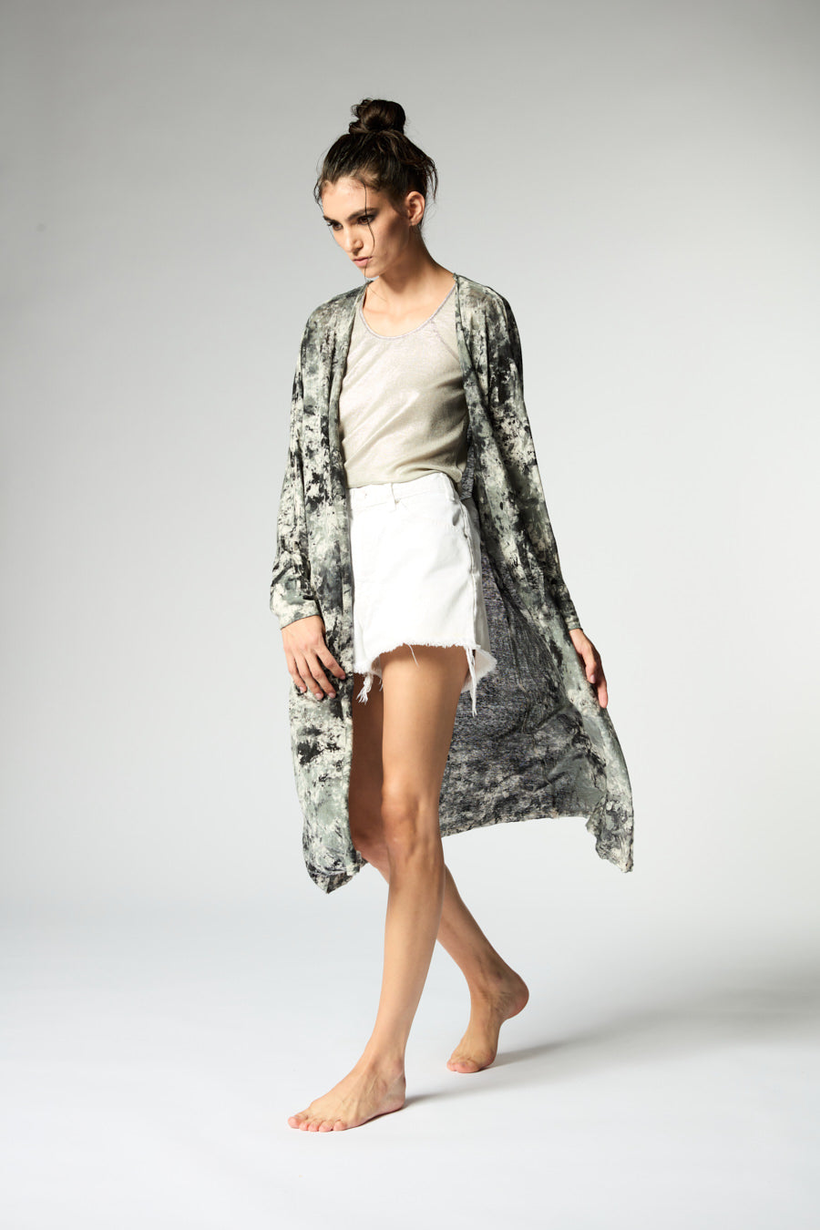 Camouflage Linen Long Cardigan in Jade