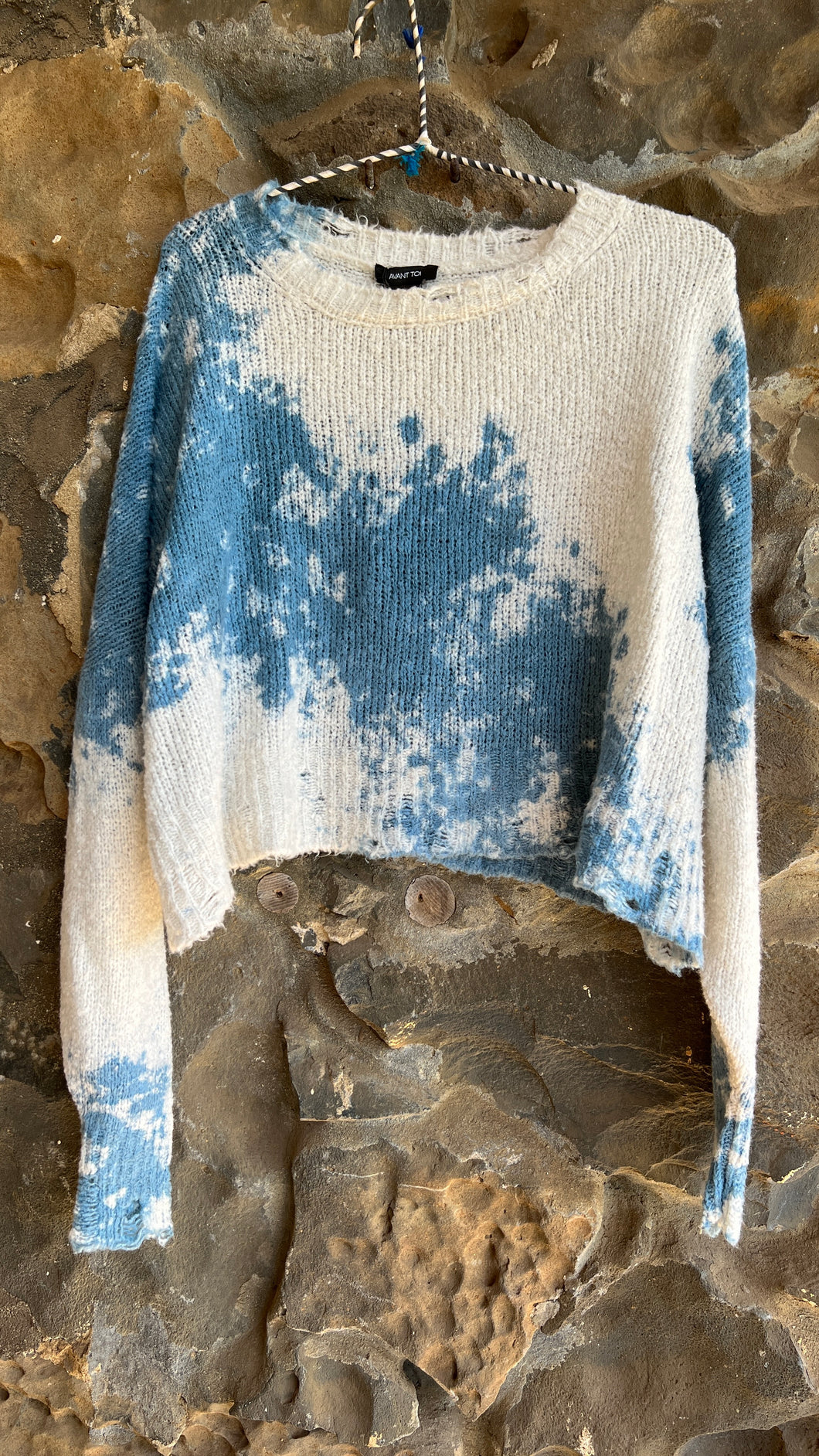 Hand Painted Cropped Cotton Sweater in Water