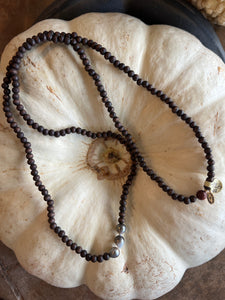#472L Wooden Beaded Necklace with Three Tahitian Pearls