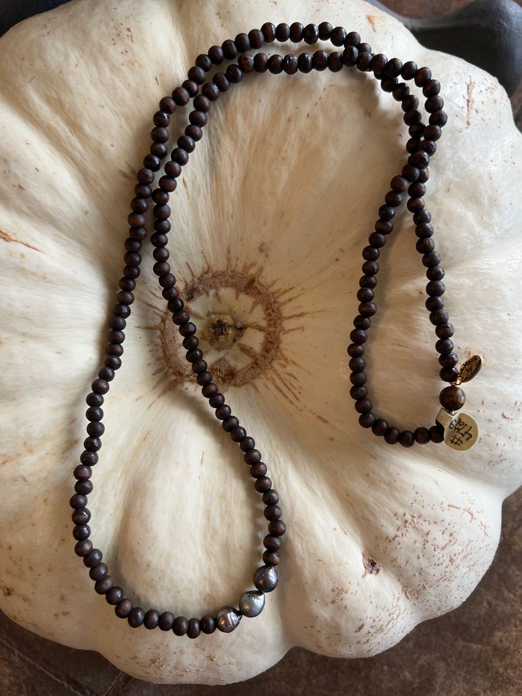 #472S Wooden Beaded Necklace with Three Tahitian Pearls
