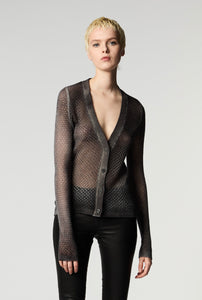 Hand Painted Lace Stitch V Neck Cardigan in N/Nero Light Cashmere