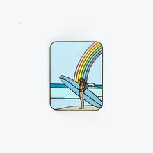 Load image into Gallery viewer, Enameled Surfer Girl with Kaua’i Rainbow Pin
