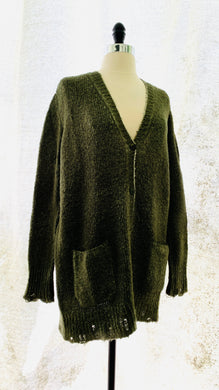 Avant Toi V Neck Brushed Cotton Cardigan in Moss with Destroyed Edges Oskar’s Boutique Women’s Tops
