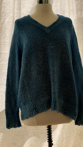 Avant Toi Bi Color V Neck  Pullover Sweater in Deep Blue with Distressed Edges Oskar’s Boutique Women’s Tops