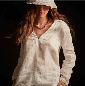 Open Henley Collared Shirt in White